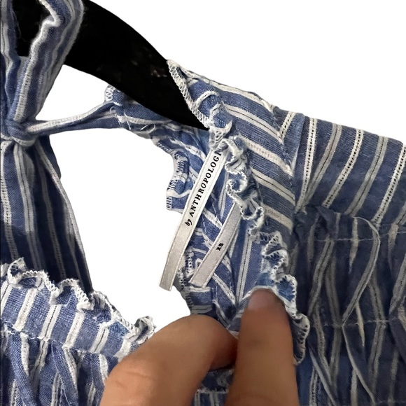 Anthro Smocked Ruffled Striped Blue Shirt - Picture 4 of 6